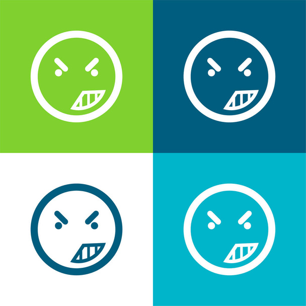 Raiva no rosto do emoticon do esboço quadrado arredondado Conjunto de ícones mínimos de quatro cores plano - Vetor, Imagem