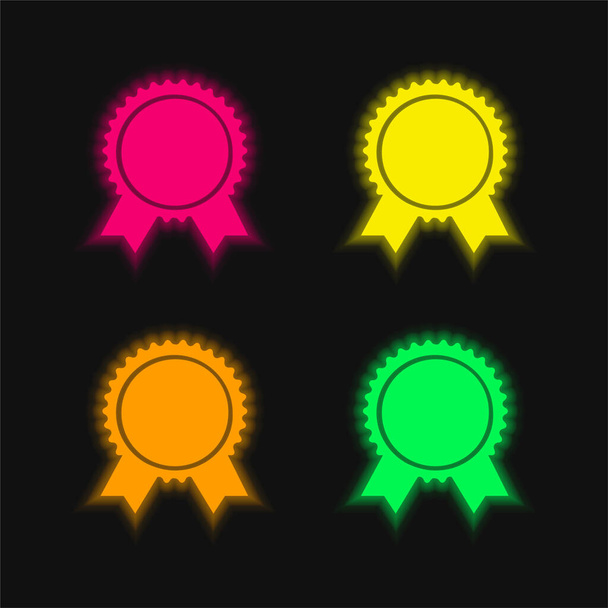 Наградной знак круглой формы с хвостами ленты четырехцветный светящийся неоновый вектор значок - Вектор,изображение