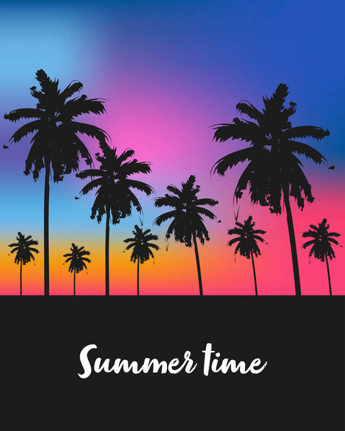 Palmbomen op de achtergrond van de hemel als de zon ondergaat. Vector Illustratie, ansichtkaart, sjabloon, zomertijdconcept - Vector, afbeelding