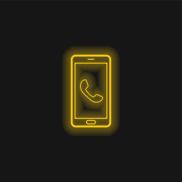 Auricular On Phone Screen yellow glowing neon icon - Vektor, obrázek