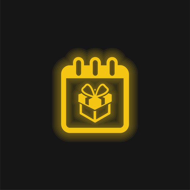 Syntymäpäivä Giftbox muistutus kalenteri sivu keltainen hehkuva neon kuvake - Vektori, kuva