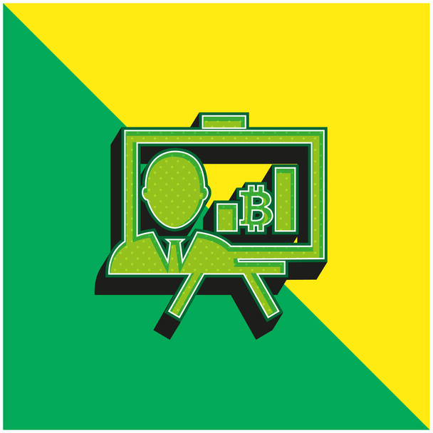 グラフとレポーターとビットコインプレゼンテーション緑と黄色の現代的な3Dベクトルアイコンのロゴ - ベクター画像
