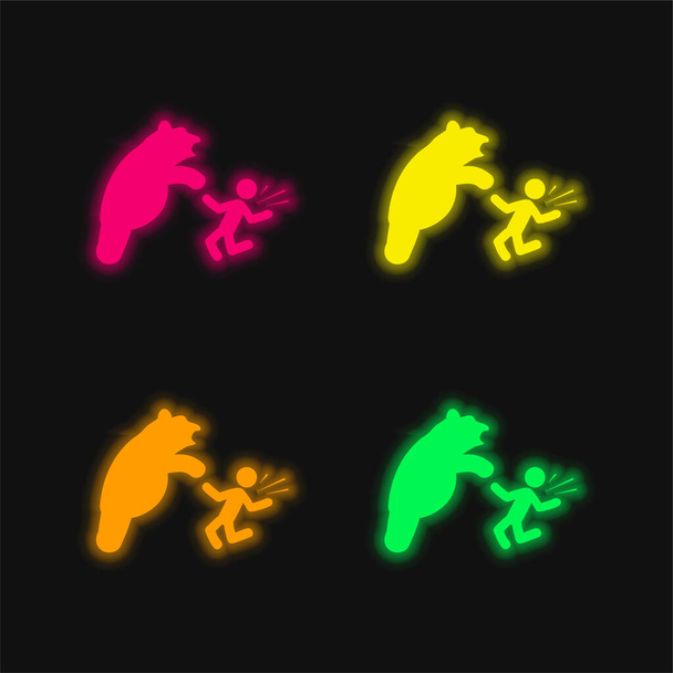Bär attackiert leuchtende Neon-Vektorsymbole in vier Farben - Vektor, Bild