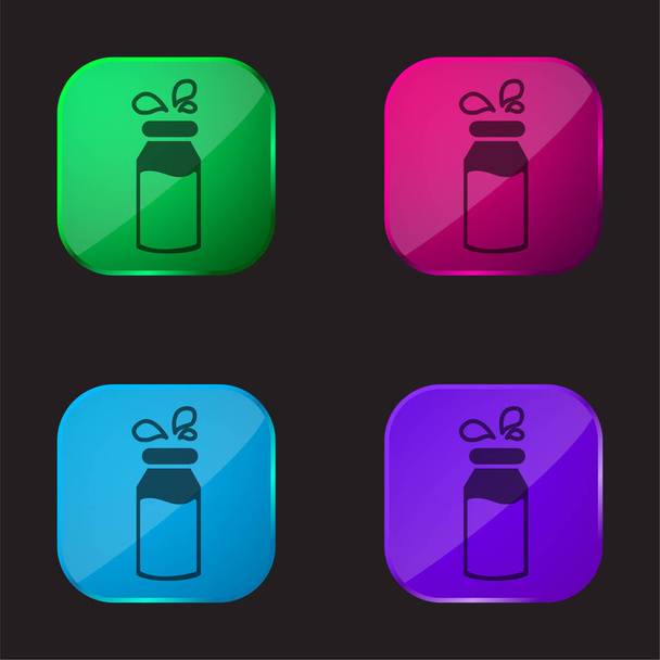 Botella de leche con gotitas icono de botón de cristal de cuatro colores - Vector, Imagen