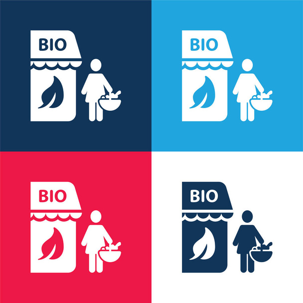 Bio Store azul e vermelho conjunto de ícone mínimo de quatro cores - Vetor, Imagem
