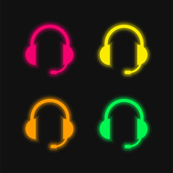 Audio Headset Of Auriculars With Microphone Included four color glowing neon vector icon - Vector, Image