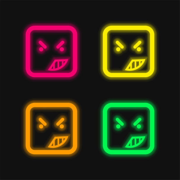 Raiva no rosto de Emoticon do quadrado arredondado Delinear quatro cores brilhante ícone de vetor de néon - Vetor, Imagem