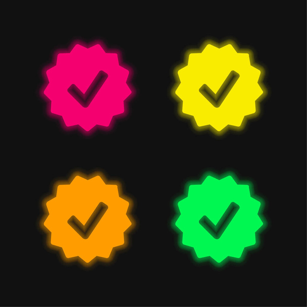Approval Symbol In Badge four color glowing neon vector icon - Vector, Image