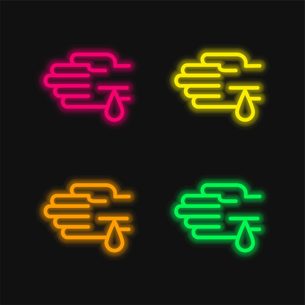 Goccia di sangue su una mano Ferita quattro colori incandescente icona al neon vettore - Vettoriali, immagini