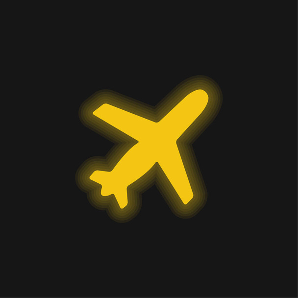Самолет черной формы восхождение повернуто вправо желтый светящийся неоновый значок - Вектор,изображение