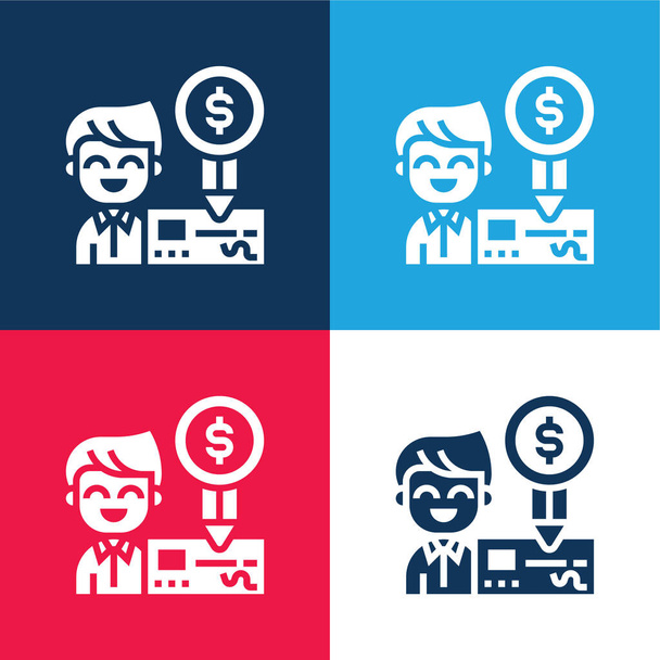 Kontrola banky modrá a červená čtyři barvy minimální ikona nastavena - Vektor, obrázek