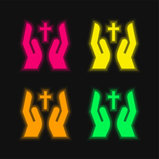 Segne leuchtende Neon-Vektorsymbole in vier Farben - Vektor, Bild