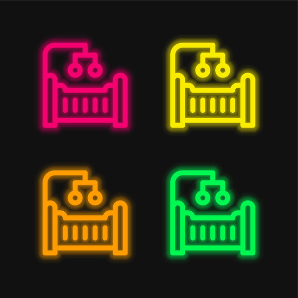 Baby Crib négy színű izzó neon vektor ikon - Vektor, kép