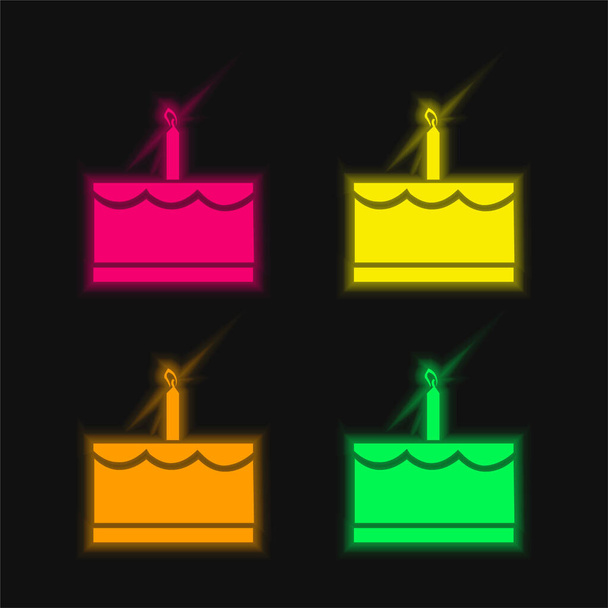 Verjaardagstaart met een kaars vier kleuren gloeiende neon vector pictogram - Vector, afbeelding