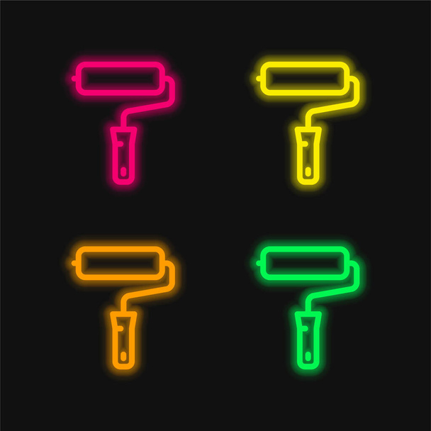 Big Paint Roller four color glowing neon vector icon - Vector, Image