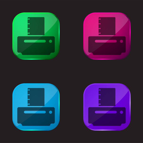 Impresora de papel negro icono de botón de cristal de cuatro colores - Vector, Imagen