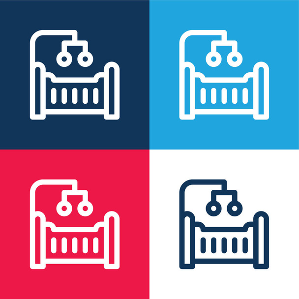 Baby Crib blauw en rood vier kleuren minimale pictogram set - Vector, afbeelding