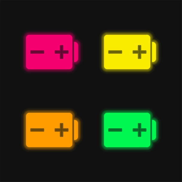Batería con postes positivos y negativos signos de cuatro colores brillante icono de vectores de neón - Vector, imagen