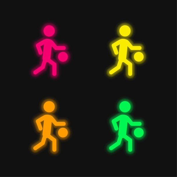 Basketball Player Silhouette With The Ball four color glowing neon vector icon - Vector, Image