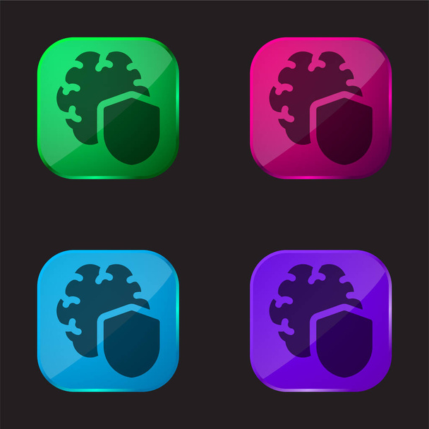 Brain four color glass button icon - Vector, Image
