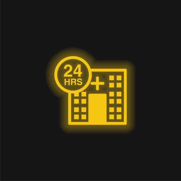 24 Uur Medische hulp geel gloeiende neon pictogram - Vector, afbeelding