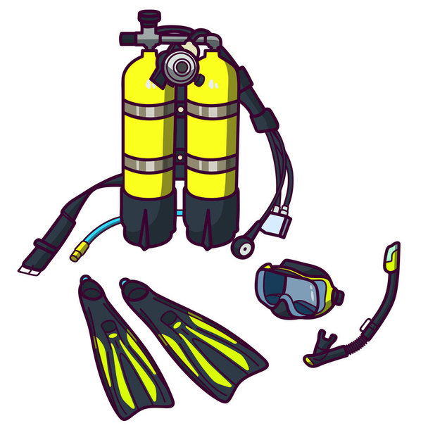 Le plongeur est prêt. Réservoirs d'oxygène, masque, palmes et tuba pour la respiration sous-marine. - Vecteur, image