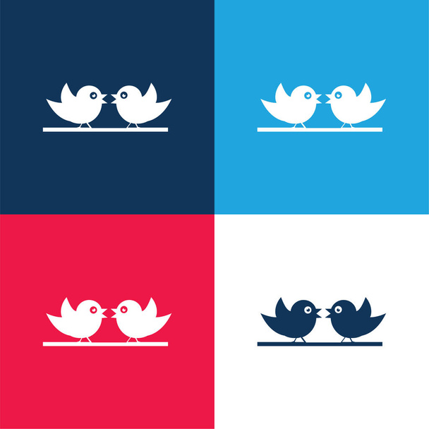 Vogels Paar blauwe en rode vier kleuren minimale pictogram set - Vector, afbeelding