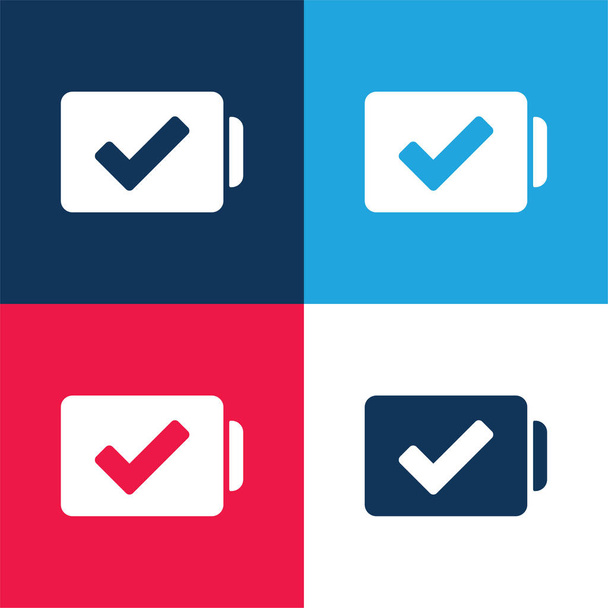 Batería con señal de verificación azul y rojo conjunto de iconos mínimo de cuatro colores - Vector, Imagen