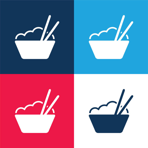 ご飯と箸でボウル青と赤の4色の最小アイコンセット - ベクター画像