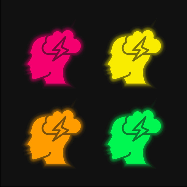 Brainstorm four color glowing neon vector icon - Vector, Image