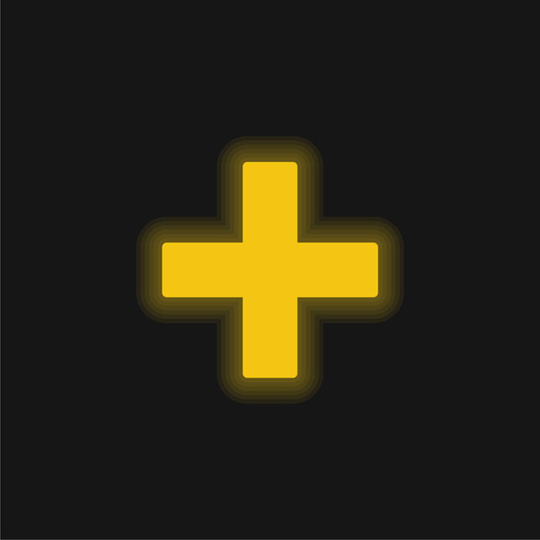 Gevuld Kruis Teken toevoegen geel gloeiend neon pictogram - Vector, afbeelding