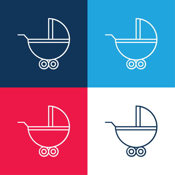 Baby Carriage Με ρόδες μπλε και κόκκινο τεσσάρων χρωμάτων ελάχιστο σύνολο εικονιδίων - Διάνυσμα, εικόνα