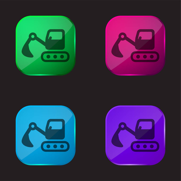 Backhoes τέσσερις εικονίδιο κουμπί γυαλί χρώμα - Διάνυσμα, εικόνα