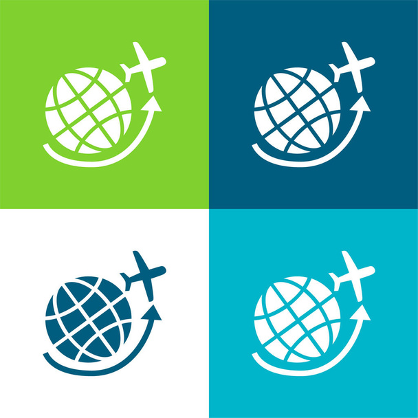 Airplane Flying Around Earth Grid Flat four color minimal icon set - Vector, Image