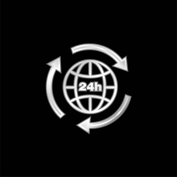 24 Hours Earth Grid Symbol With Arrows Circle Around silver plated metallic icon - Vector, Image
