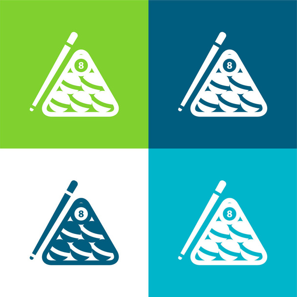 Bilard kulki zestaw wewnątrz trójkąta i kij z jednej strony płaski czterech kolorów minimalny zestaw ikon - Wektor, obraz
