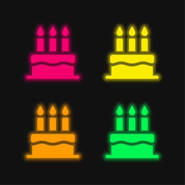 誕生日ケーキ4色輝くネオンベクトルアイコン - ベクター画像