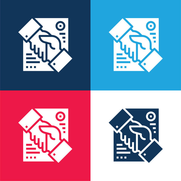 Overeenkomst blauw en rood vier kleuren minimale pictogram set - Vector, afbeelding