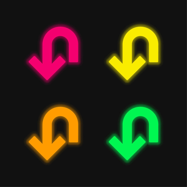 Pfeil nach unten Kurve vier Farbe leuchtenden Neon-Vektor-Symbol - Vektor, Bild