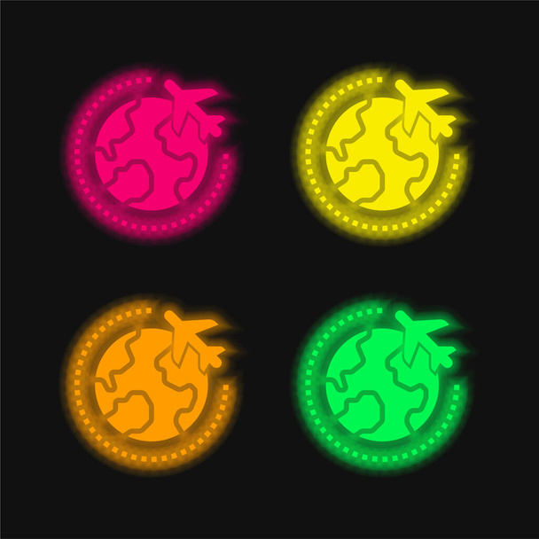Airplane four color glowing neon vector icon - Vector, Image