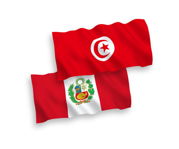 Narodowe flagi tkanin wektorowych Republiki Tunezji i Peru odizolowane na białym tle. Proporcja 1 do 2. - Wektor, obraz