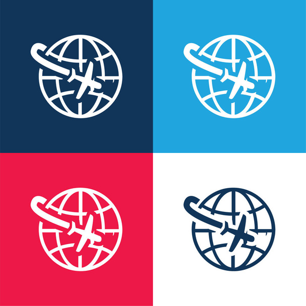 Airplane Flight Around The Planet blue and red four color minimal icon set - Vector, Image