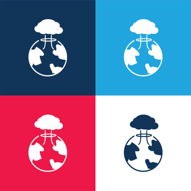 Bomba Explodindo na Terra azul e vermelho conjunto de ícones mínimos de quatro cores - Vetor, Imagem