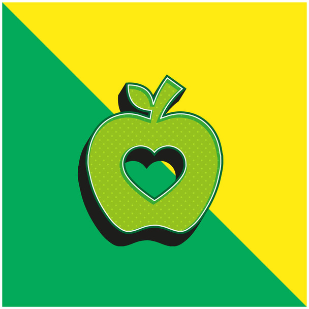 ハート型の緑と黄色の現代的な3Dベクトルアイコンのロゴを持つアップルシルエット - ベクター画像