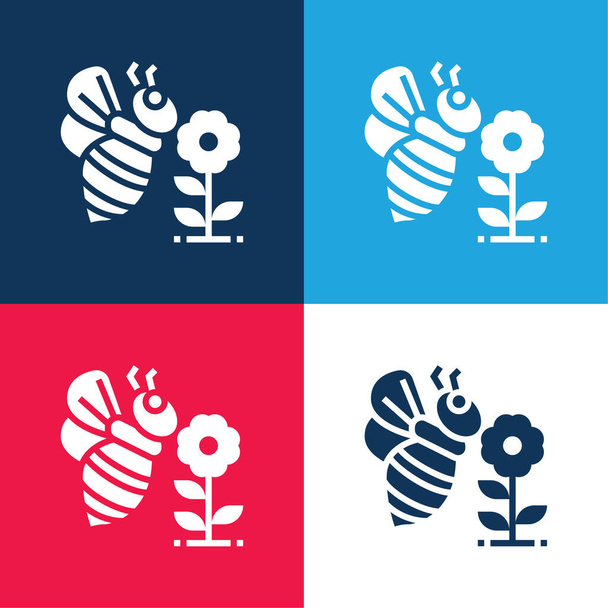 Bee blue and red four color minimal icon set - Vector, Image