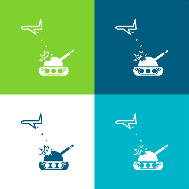Airplane Throwing Bombs On A War Tank Flat four color minimal icon set - Vector, Image