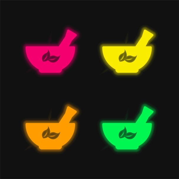Ciotola ayurvedica icona vettoriale al neon incandescente a quattro colori - Vettoriali, immagini