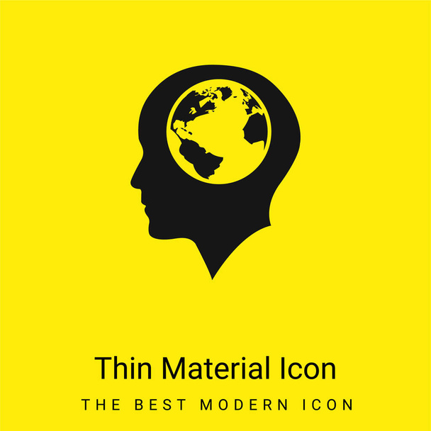 Cabeça masculina careca com globo terrestre dentro do ícone de material amarelo brilhante mínimo - Vetor, Imagem