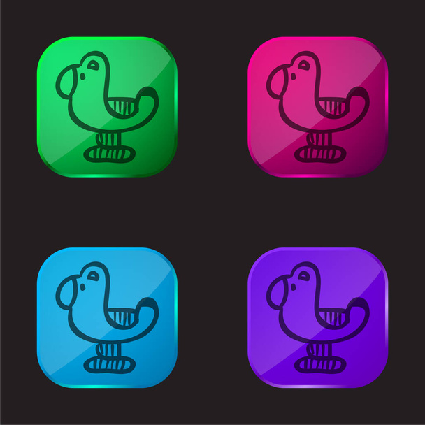 鳥の手描きおもちゃ動物の4色のガラスボタンのアイコン - ベクター画像