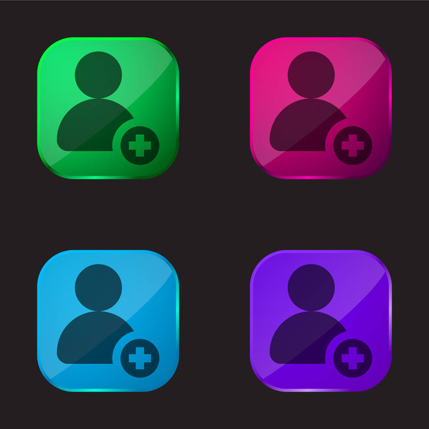 Ajouter utilisateur icône de bouton en verre quatre couleurs - Vecteur, image